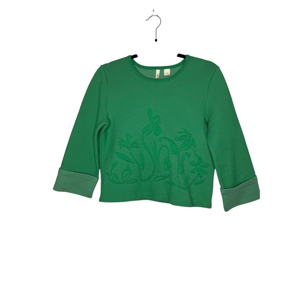 Moth Anthropologie Green Floral 3D Embroidery Knit Sweater XS 3/4 Sleeve